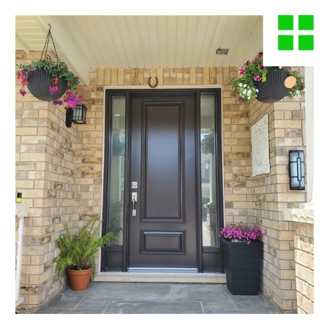 Image depicts a brown fiberglass entry door from a entry door replacement project in Milton.