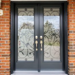 black entry door with decorative glass panels toronto